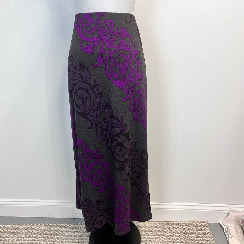 ECI New York Skirt size Small Purple Gray Floral Long Maxi A Line Stretch Modest - Picture 6 of 9